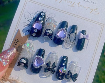 Kuromie Inspired Black Purple Press On Nails | Handmade Press On Nails | Kuromie Fan | Kawaii Nails | Cute Nails | rmz447