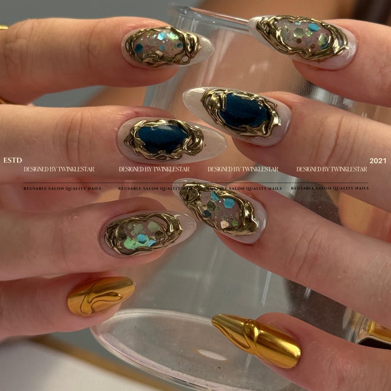 Gold Shell Blue Crystal Gemstone Press On Nails, Luxury Gold Chrome Nails, Ocean Inspired Gem Nails, Reusable Handmade Nails image 8