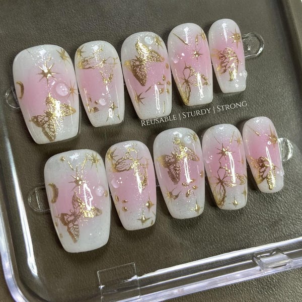 Butterfly In The Moonlight | Reusable Sturdy Strong Gel Fake Acrylic Nails | Short Long Press On Nails | Salon Quality Nails|