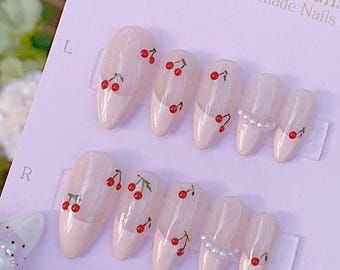 Pale Pink French Tip Cherries / Durable Nails / Premium Nails / Gel Nails / Glue On The Nails / Salon Quality Nails