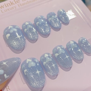 Short Baby Blue Reflective Cat Eye Nails, Handmade Short Oval Little Heart Nail, Dreamy Reusable Pastel Blue Press On Nails