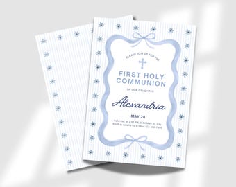 Editable First Holy Communion Invitation, Blue Floral Canva Template (5x7 Download)