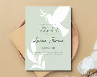Editable First Holy Communion Invitation, Green Dove Catholic Invite (Digital Download)