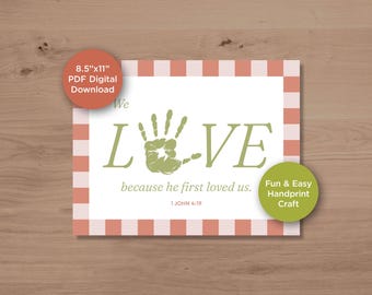 1 John 4:19 Handprint Craft – Sage Green Bible Verse (PDF Download 8.5x11in)