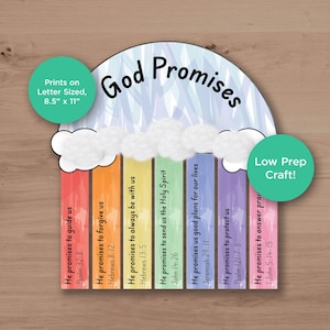 May include: A rainbow-shaped craft with the words "God Promises." The design includes a rainbow with text on each stripe, such as "He promises to guide us." Includes the text "Prints on Letter Sized, 21.6 cm x 28 cm" and "Low Prep Craft!"