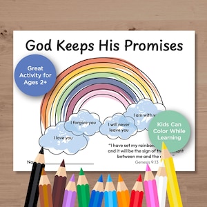 May include: A printable activity sheet titled "God Keeps His Promises" featuring a rainbow, clouds with phrases, and text. Includes coloured pencils and the text "Great Activity for Ages 2+".