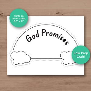 以下が含まれることがあります： 虹のデザインと黒い文字「God Promises」が描かれた白い紙。画像には、「Prints on Letter Sized, 8.5" x 11"」と「Low Prep Craft!」というテキストが入った2つの緑色の円が含まれています。