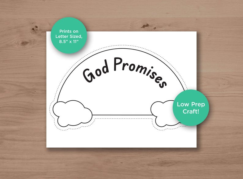 以下が含まれることがあります： 虹のデザインと黒い文字「God Promises」が描かれた白い紙。画像には、「Prints on Letter Sized, 8.5" x 11"」と「Low Prep Craft!」というテキストが入った2つの緑色の円が含まれています。