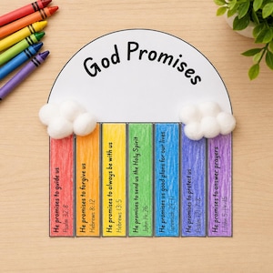 以下が含まれることがあります： 「God Promises」の文字と聖書の言葉が書かれた、虹をテーマにしたカラフルなクラフト。 虹には綿球の雲があり、それぞれ約束と聖書参照のある7つの色のセクションがあります。 クレヨンが見えます。