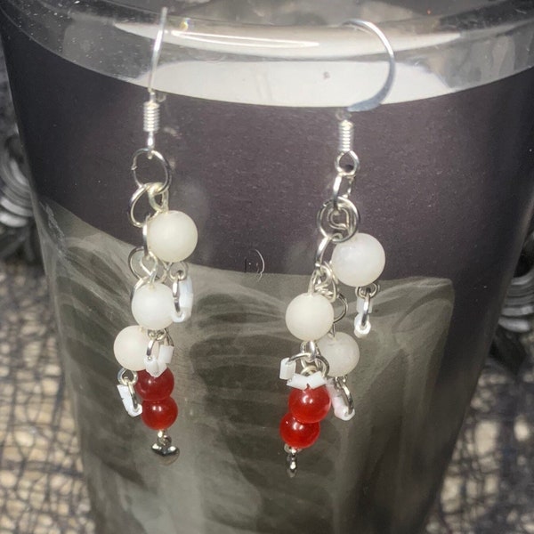 Love and Clarity Sterling Silver Plated White Quartz and Red Jade Dangle Earrings with Chained White Glass Beads and Silvertone Heart Charm