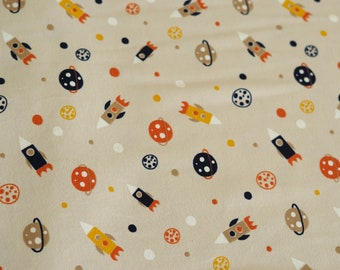 Beige Space Print Jersey Print Fabric, planets, rocket ships