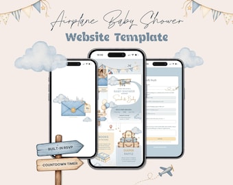 Airplane Baby Shower Website Template | Editable Canva Invitation | Built-in RSVP and Countdown