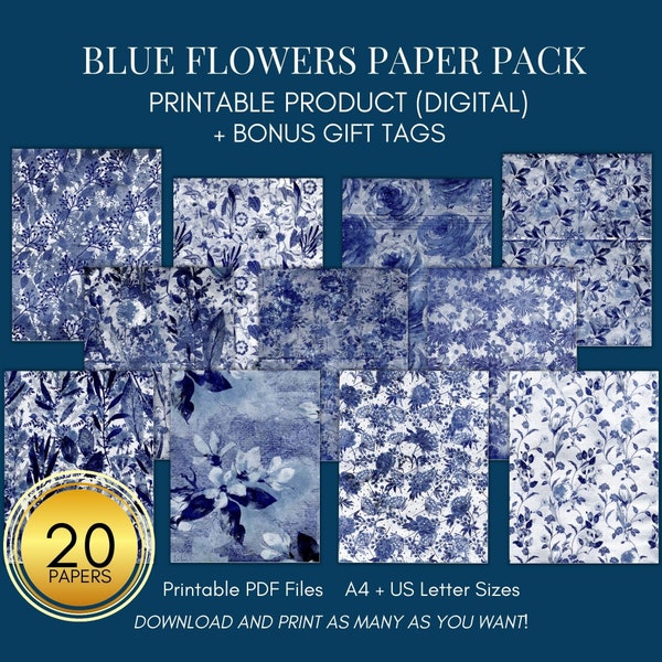 BLUE FLOWERS digital paper pack, botanical, floral, leaves, digital paper, Floral pattern, seamless pattern, scrapbooking, cards, giftwrap