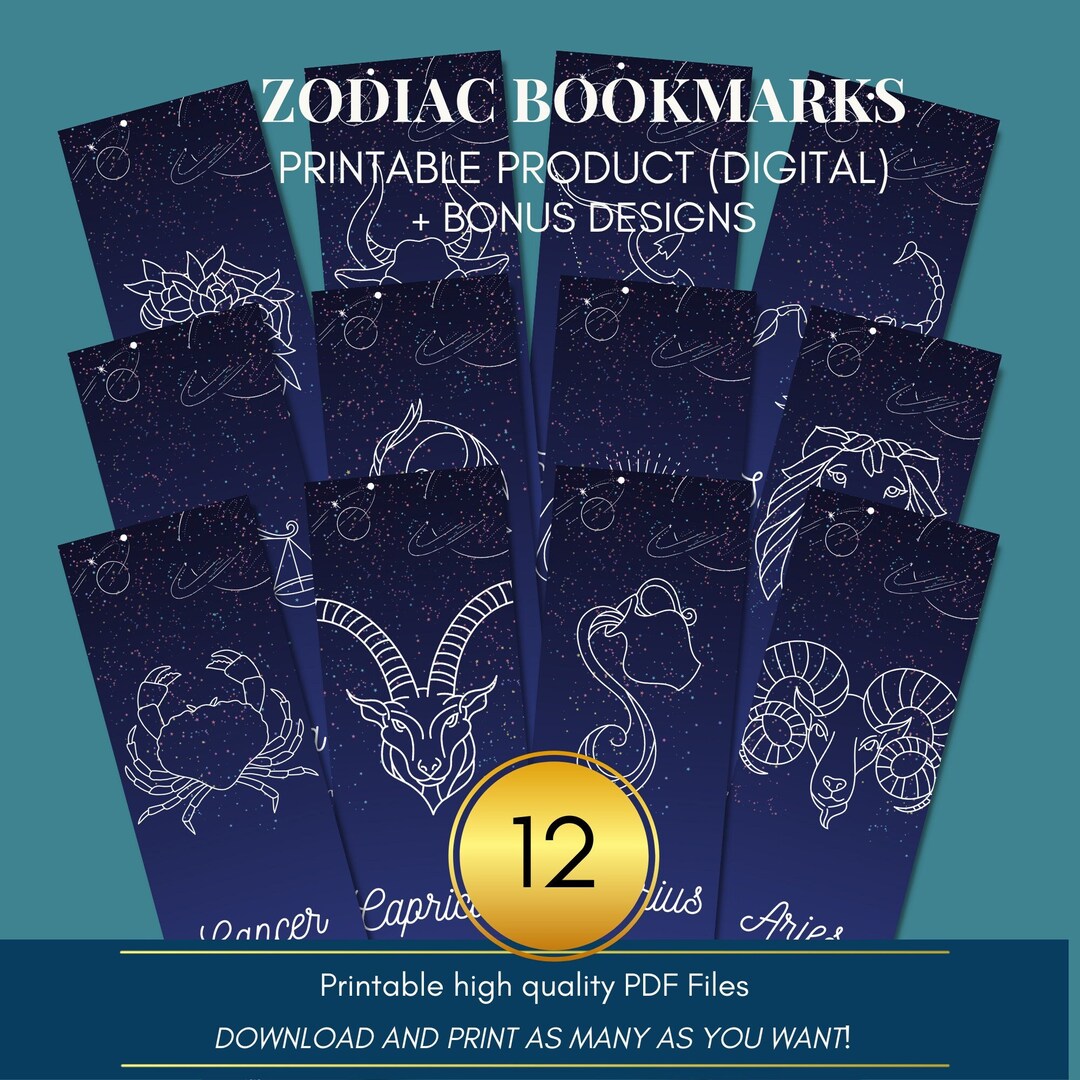 12 Zodiac Bookmarks Printable Bookmarks Digital Bookmarks Etsy