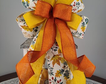 Fall Farmhouse Bow, Orange Yellow Leaf Ribbon, Autumn Wreath