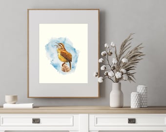 Carolina Wren, Watercolor Print, Bird Watching Art Gift