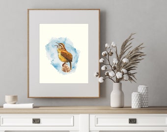 Puede incluir: Una pintura de acuarela de un pájaro marrón y blanco cantando en una rama con un fondo azul de acuarela.