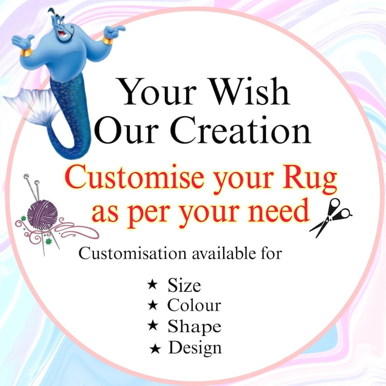 May include: A blue genie character with a star on his head, holding a finger up. The text says "Your Wish Our Creation Customize your Rug as per your need Customisation available for Size Colour Shape Design".