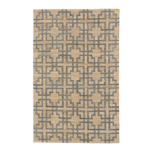 May include: A beige and grey area rug with a geometric pattern. The rug has a woven texture and a contemporary design.
