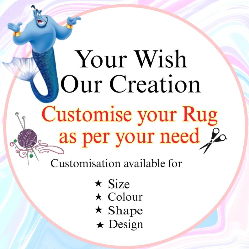 May include: A blue genie character with a star on his head, holding a finger up. The text says "Your Wish Our Creation Customize your Rug as per your need Customisation available for Size Colour Shape Design".