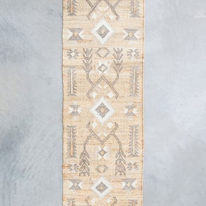 May include: A beige and gray patterned runner rug with a geometric design. The rug has a subtle sheen and a woven texture.