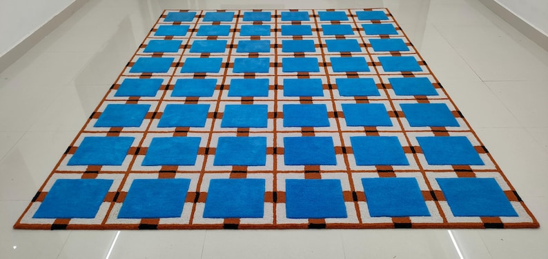 Op de afbeelding: Een groot rechthoekig tapijt met een geometrisch patroon. Het tapijt heeft een rasterontwerp met afwisselende vierkanten in helderblauw en bruin, tegen een witte achtergrond. Het tapijt is gemaakt van een zacht, pluche materiaal.