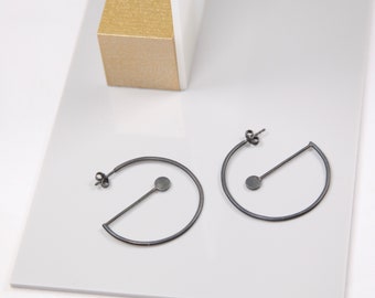 Large hoop earrings in blackened silver, geometric earrings, Bauhaus style, Line Hoops- Bauhaus II