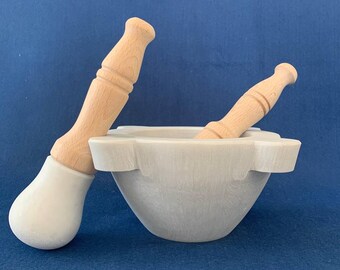 Mörser Durchmesser 18 cm aus weißem Carrara-Marmor mit Stößel aus weißem Carrara-Marmor und Buchenholz + Stößel aus Buchenholz