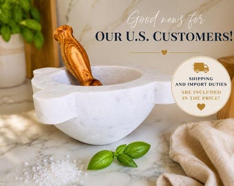Mortar diameter 20 cm in White Carrara Marble with Olive wood pestle