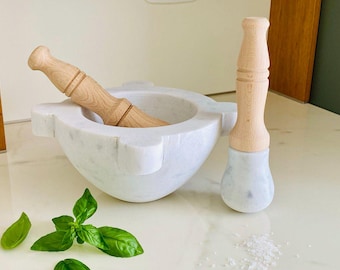Mortar diameter 20 cm in White Carrara Marble with White Carrara Marble and beech wood pestle + beech wood pestle