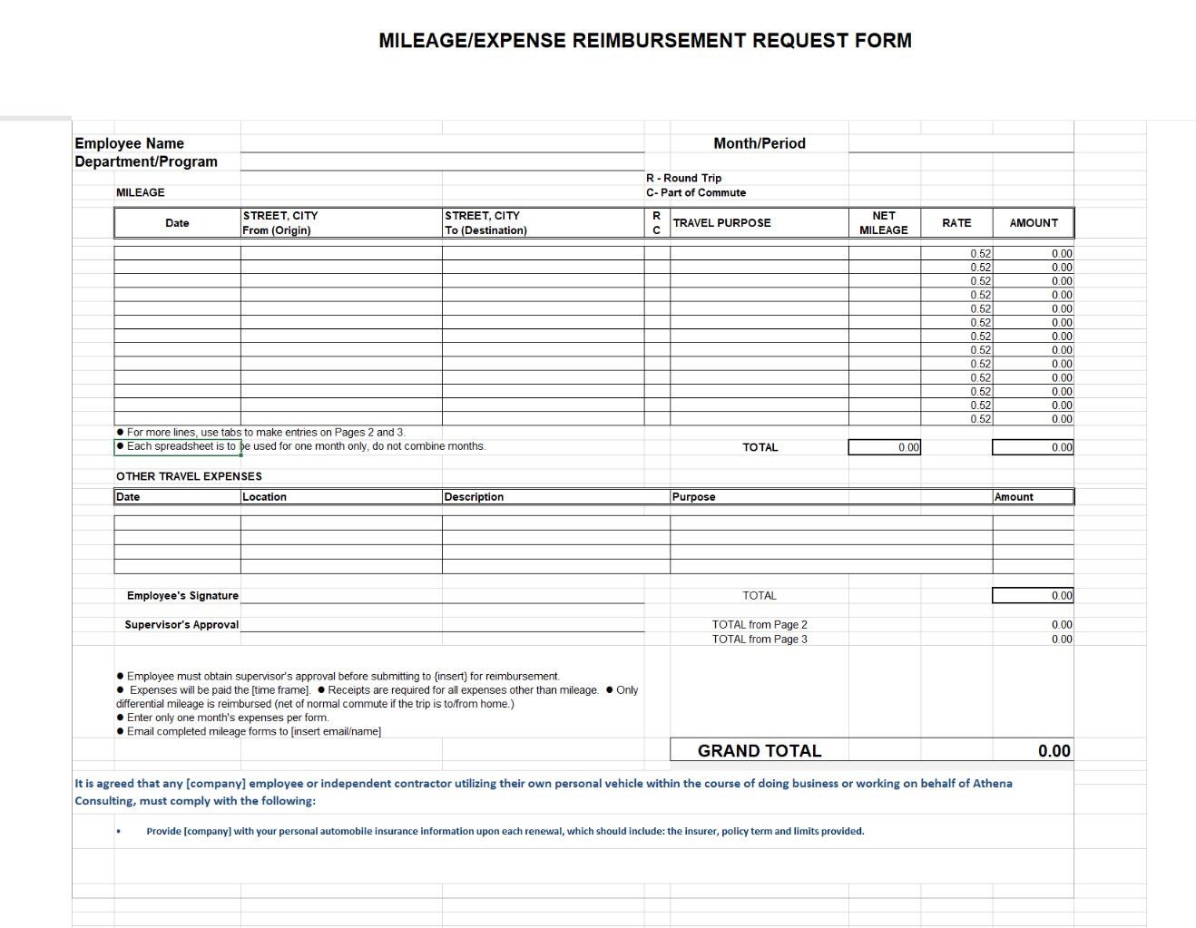 Mileage Reimbursement Form Excel Spreadsheet Tracking Etsy