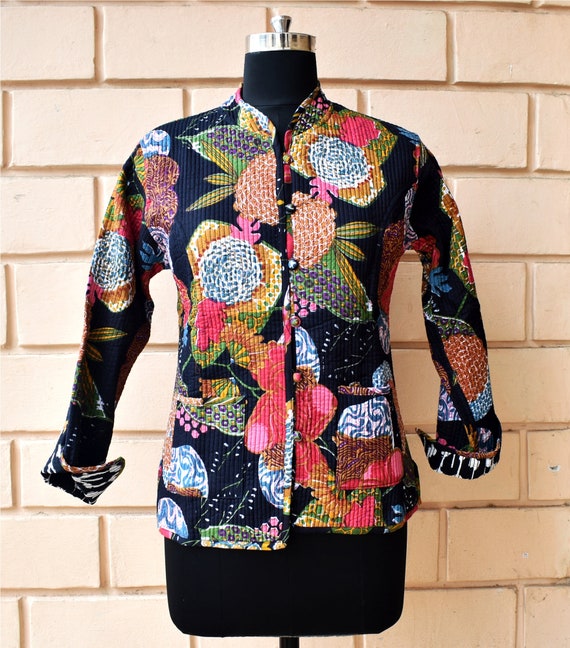 Indian Cotton Black Jacket Women Quilt Jacket Reversible Floral