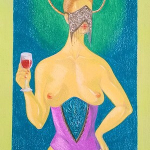 Donna, Disegno, pastelli su carta, donna con calice di vino, donna misteriosa, maschera,