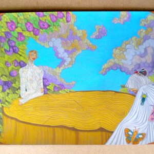 Amanti, farfalle, arte contemporanea, pastelli, disegno, dipinto surreale, illustrazione, colori a matita, opera d'arte