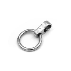 May include: A silver metal ring with a small loop on the side. The ring is smooth and shiny.