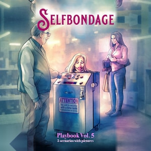 May include: A digital illustration titled SELFBONDAGE Playbook Vol. 5 featuring a person inside a metal time-lock unit with a ball gag. A person in a vest operates the control panel while another person stands nearby holding a phone and a bag.