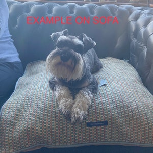 Puede incluir: Un perro peque&ntilde;o, gris y blanco descansa sobre una cama para perros estampada. La cama tiene un dise&ntilde;o tejido en tonos de azul, naranja y beige. La cama para perros tiene una etiqueta que dice "Conleis Designs". El texto "EXAMPLE ON SOFA" es visible en rojo.