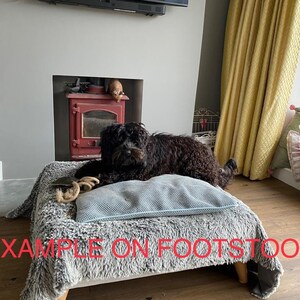 Puede incluir: Un perro negro descansa sobre una cama para perros con una funda de piel sint&eacute;tica gris y patas de madera. La cama tiene un coj&iacute;n azul y un juguete de cuerda. El texto "EXAMPLE ON FOOTSTOOL" es visible. Accesorio para mascotas.