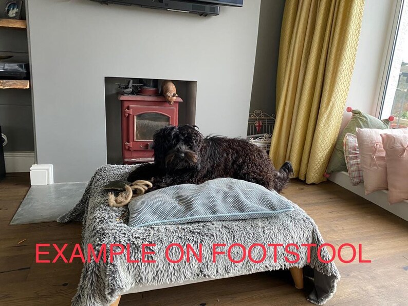 Puede incluir: Un perro negro descansa sobre una cama para perros con una funda de piel sint&eacute;tica gris y patas de madera. La cama tiene un coj&iacute;n azul y un juguete de cuerda. El texto "EXAMPLE ON FOOTSTOOL" es visible. Accesorio para mascotas.