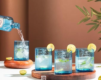Upcycled Bombay Sapphire Gin Glasses Set of 4 or 6 – Handmade Recycled Blue Glasses for Cocktails & Drinks, Eco Friendly Barware Gift
