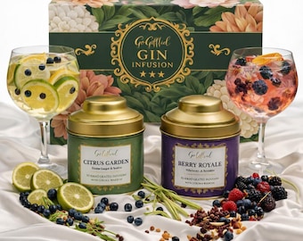 Caja de regalo con infusión botánica para ginebra: set de infusores para cócteles Berry Royale y Citrus Garden con ingredientes botánicos reales y fruta deshidratada.
