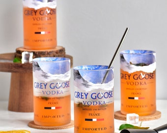 Upcycled Grey Goose Vodka Glasses Sets - White & Blue Coloured Tumblers 4 or 6 Chunky Recycled Glassware Perfect Vodka Gifts For Him and Her