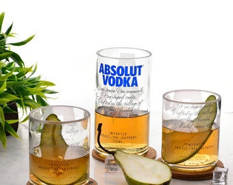 Set of 3 Upcycled Absolut Vodka Glasses – Handmade Recycled Barware, Eco Friendly Cocktail Drinkware