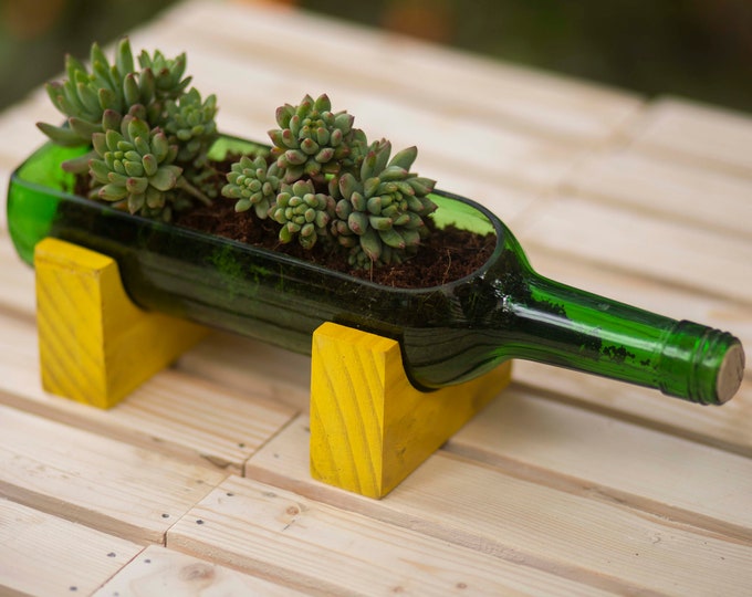 Upcycled Wine Bottle Planter with Wooden Stand – Recycled Glass Succulent Holder