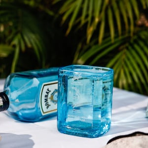 Upcycled Bombay Sapphire gin glass, handmade from a recycled bottle. Perfect eco-friendly gift for gin lovers and sustainable drinkware.