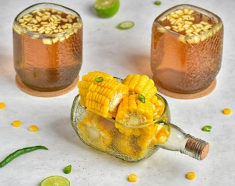 Upcycled Old Monk Rum Bottle Drinkware Set – Handmade Recycled Glasses & Serving Platter, Eco Friendly Retro Barware Gift