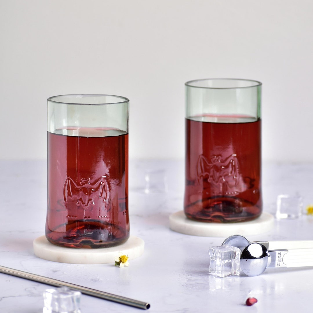 Upcycled Rum Drinking Glasses Repurposed Rum Bottle Clear With Bat Logo