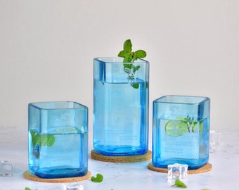 Upcycled Bombay Sapphire Gin Bottle Glasses Set of 3 – Handmade Recycled Blue Glass Drinkware for Cocktails & Drinks