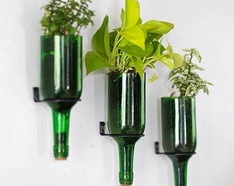 Upcycled Wine Bottle Wall Planters – Recycled Glass Hanging Herb Planter Set