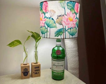 Upcycled Tanqueray Gin Bottle Lamp – Handmade Recycled Glass Table Lamp with Lotus Shade, Eco Friendly Home & Bar Decor Gift